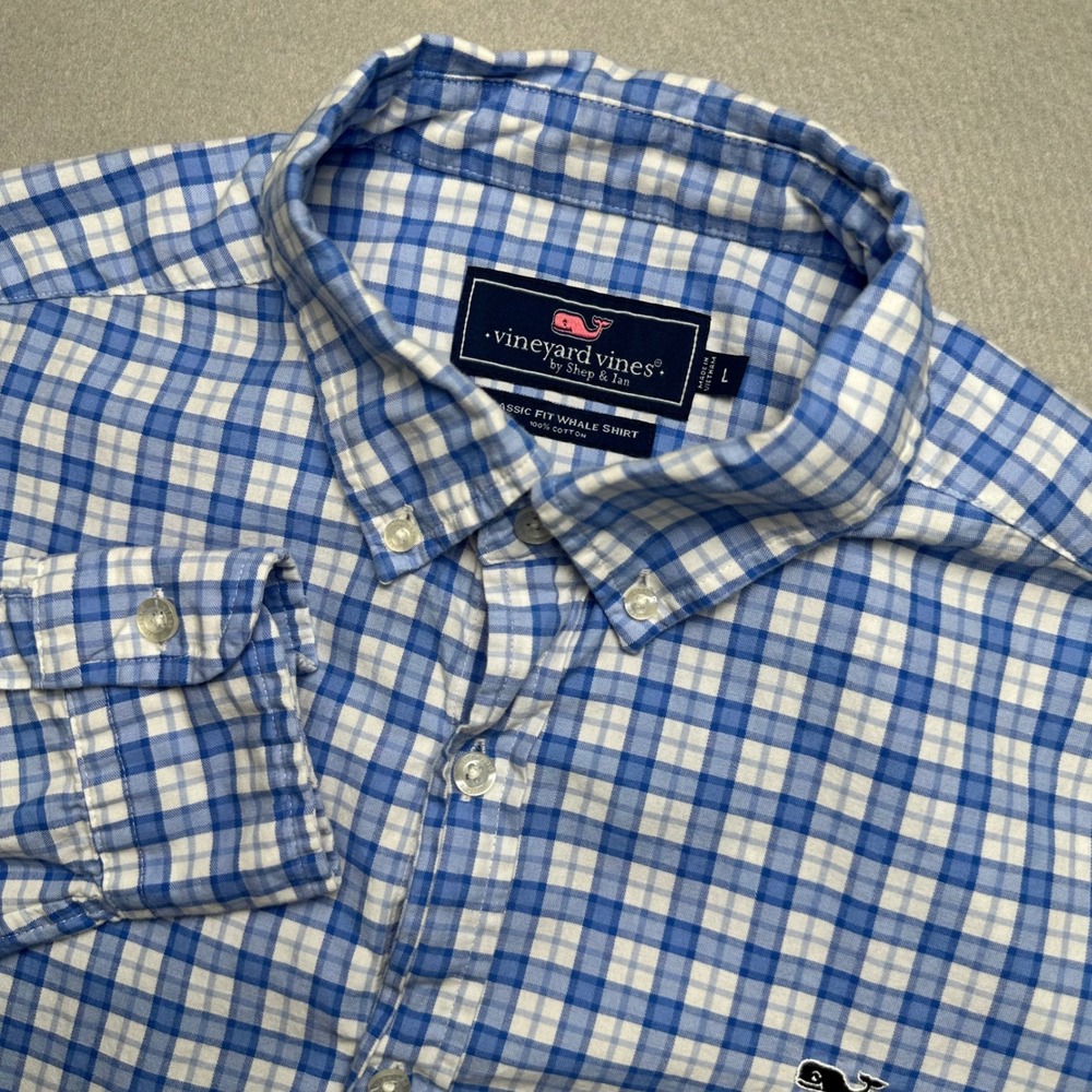 Vineyard Vines Button Down Shirt Mens L Blue Plaid Classic Fit Whale Shirt